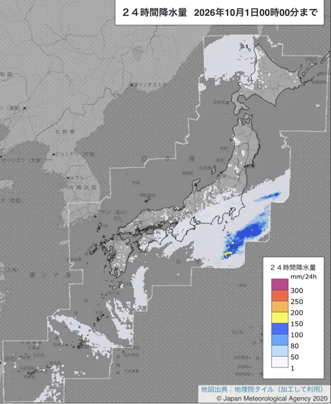 2026年9月30日の日本周辺の日解析雨量の図