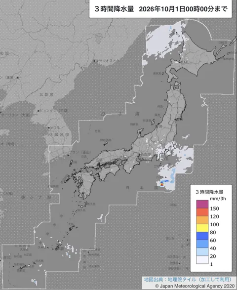 2026年9月30日21〜24時の日本周辺の3時間解析降水量