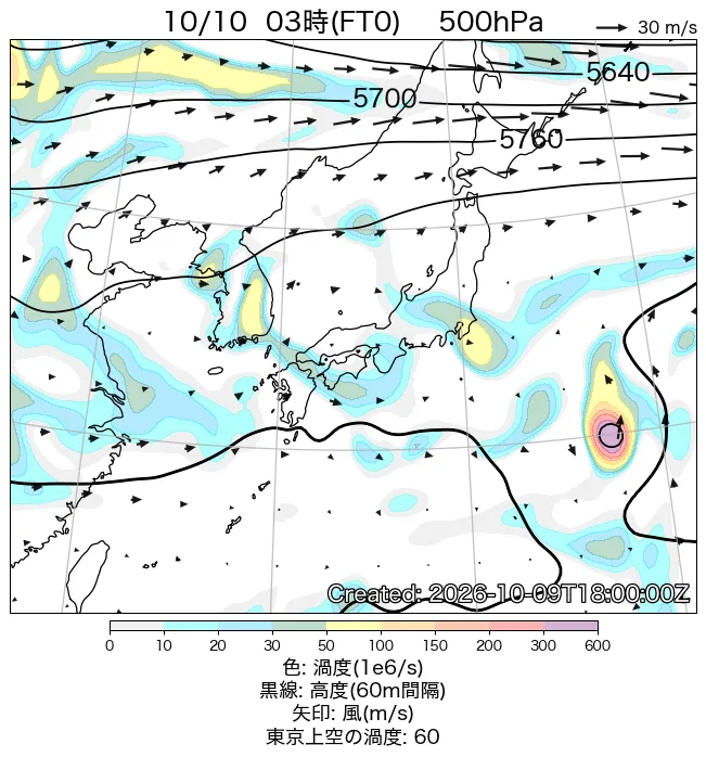2026年10月10日の日本周辺の500hPa天気図（3時）