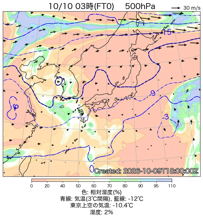 2026年10月10日の日本周辺の500hPa天気図（3時）
