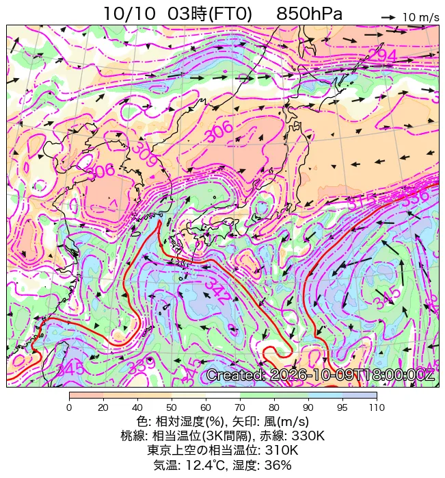 2026年10月10日の日本周辺の850hPa天気図（3時）