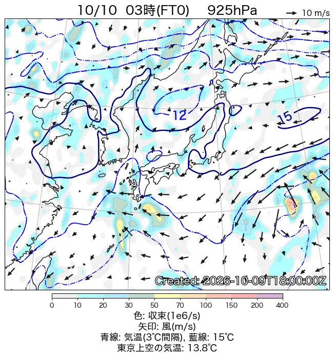 2026年10月10日の日本周辺の925hPa天気図（3時）