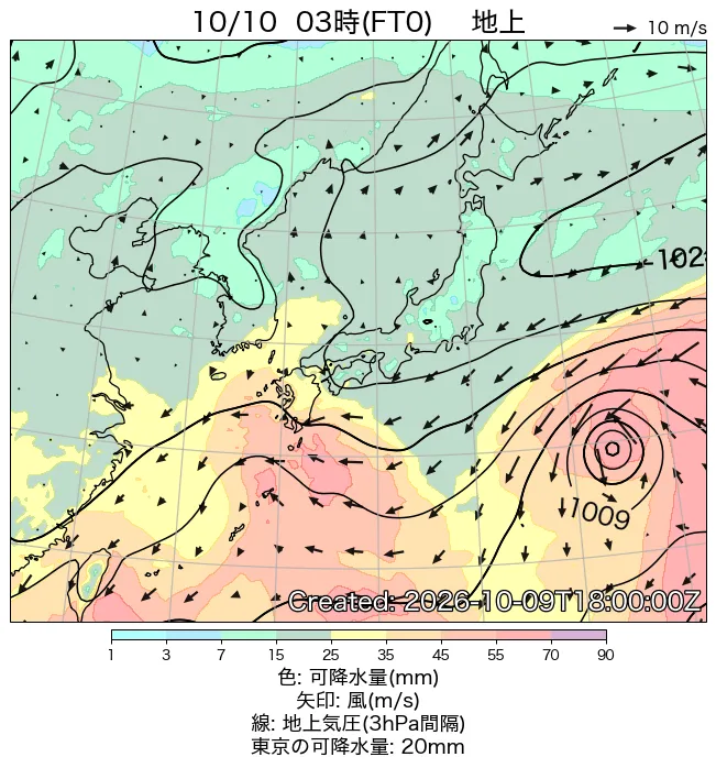 2026年10月10日の日本周辺の地上天気図（3時）