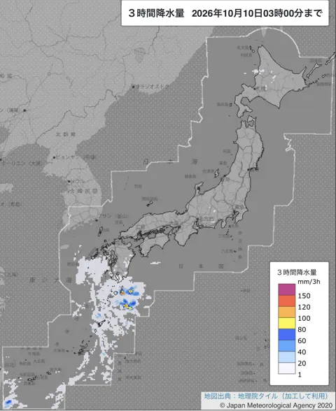 2026年10月10日0〜3時の日本周辺の3時間解析降水量
