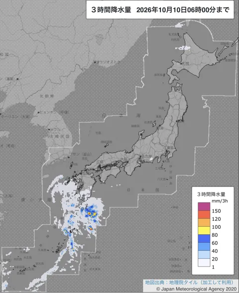 2026年10月10日3〜6時の日本周辺の3時間解析降水量