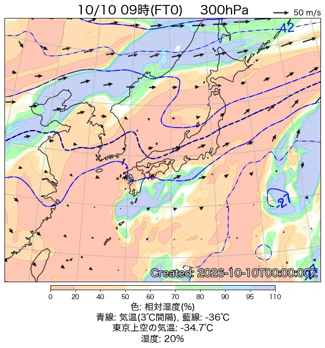 2026年10月10日の日本周辺の300hPa天気図（9時）