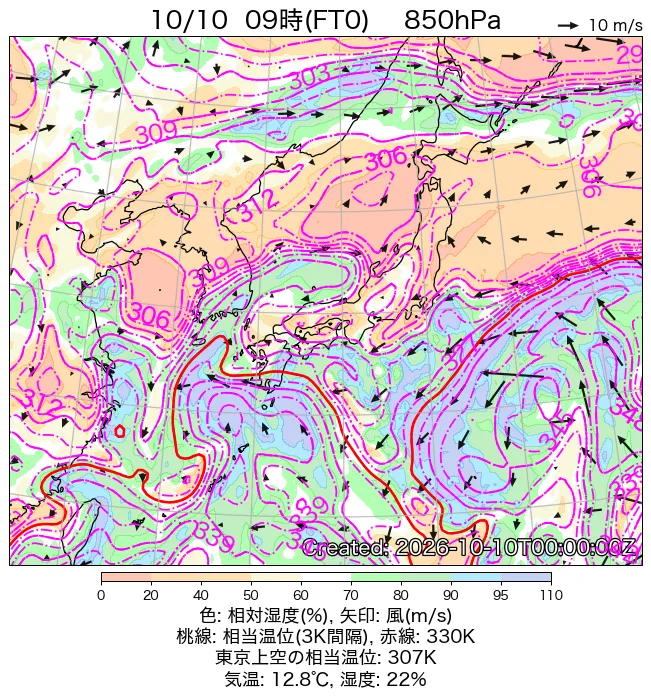 2026年10月10日の日本周辺の850hPa天気図（9時）