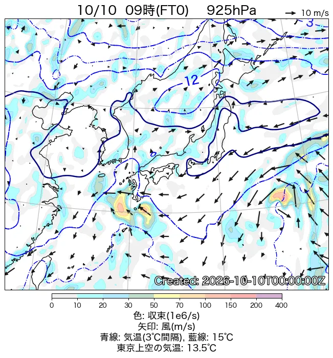 2026年10月10日の日本周辺の925hPa天気図（9時）