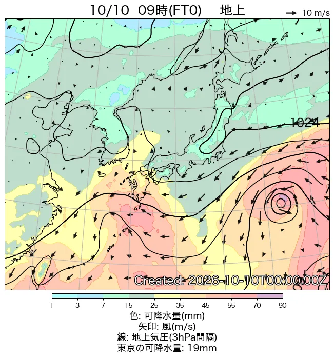 2026年10月10日の日本周辺の地上天気図（9時）