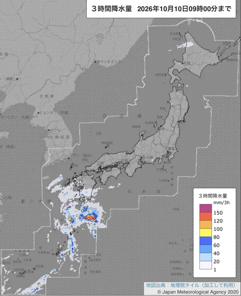 2026年10月10日6〜9時の日本周辺の3時間解析降水量