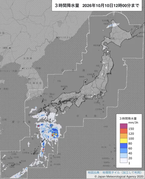2026年10月10日9〜12時の日本周辺の3時間解析降水量