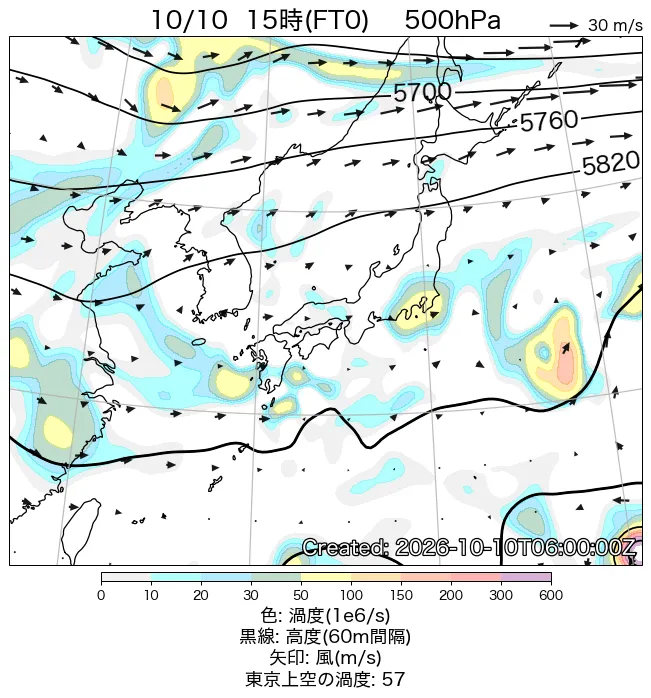 2026年10月10日の日本周辺の500hPa天気図（15時）
