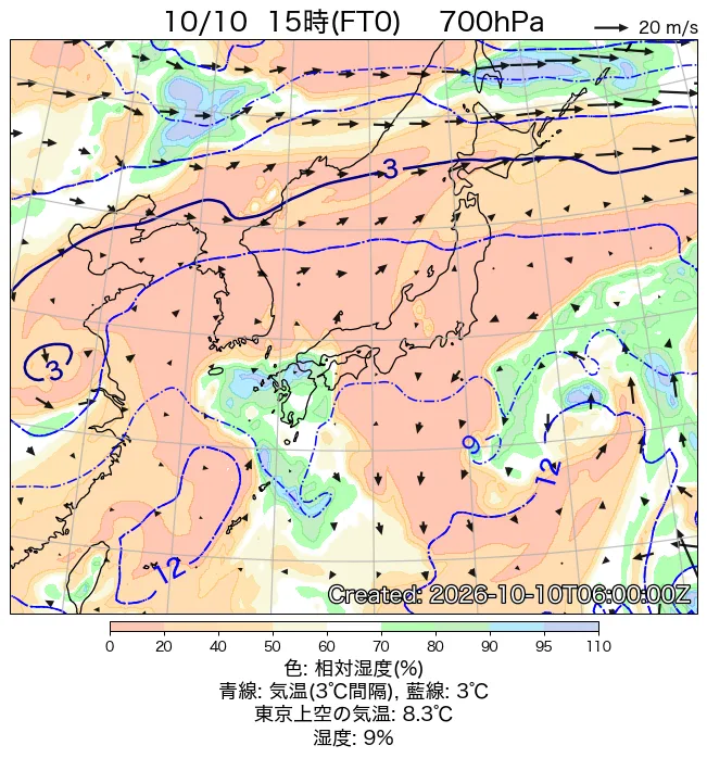 2026年10月10日の日本周辺の700hPa天気図（15時）