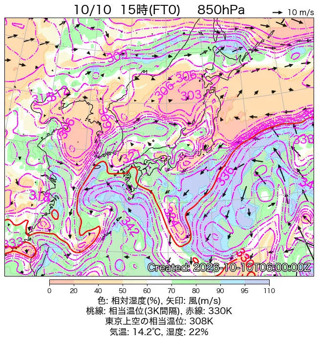 2026年10月10日の日本周辺の850hPa天気図（15時）