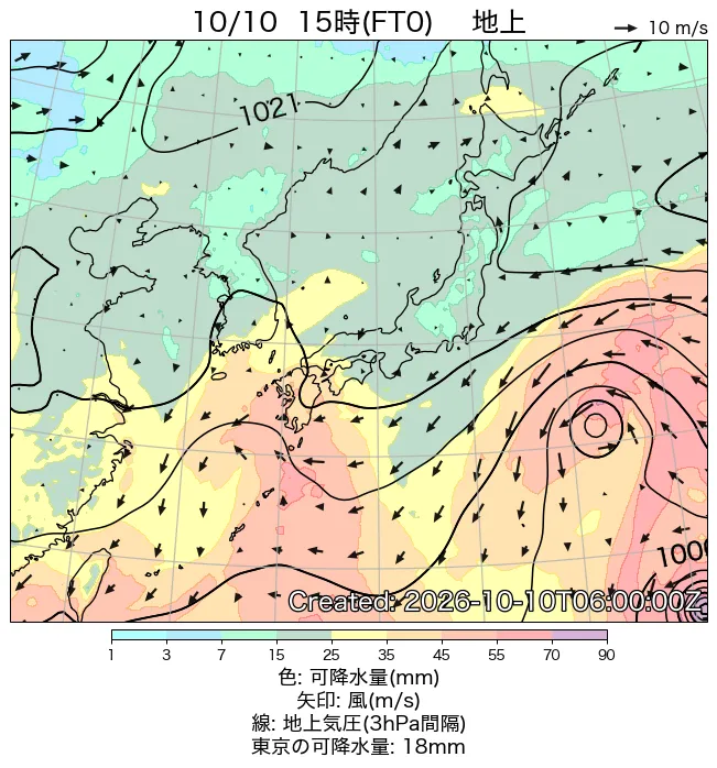 2026年10月10日の日本周辺の地上天気図（15時）