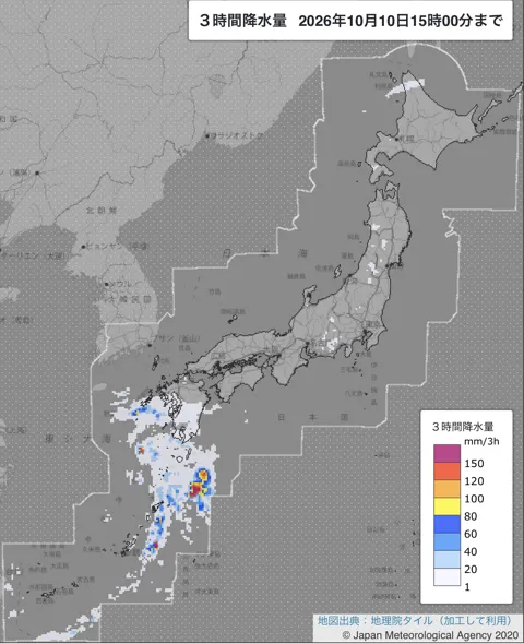 2026年10月10日12〜15時の日本周辺の3時間解析降水量