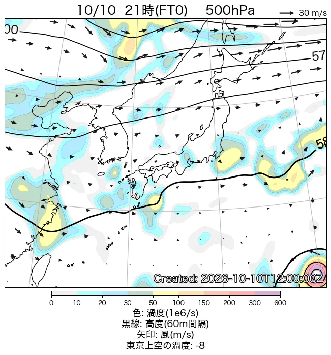 2026年10月10日の日本周辺の500hPa天気図（21時）