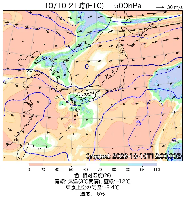 2026年10月10日の日本周辺の500hPa天気図（21時）