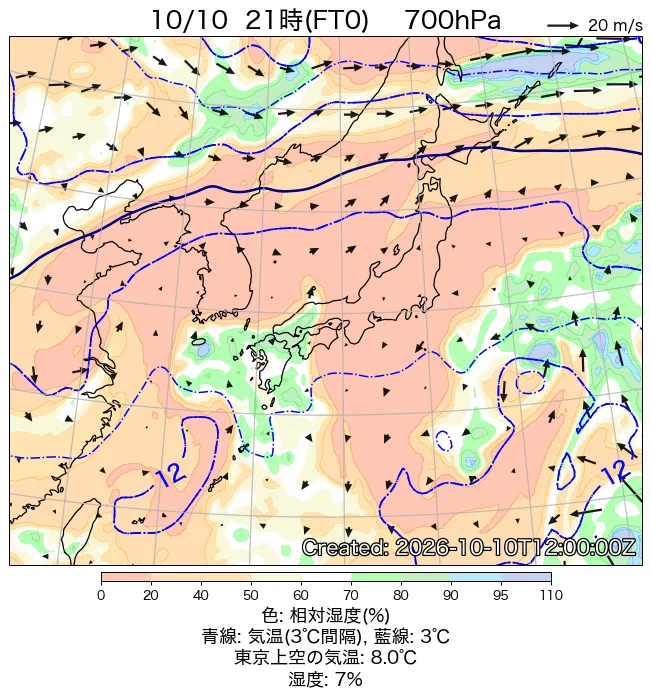 2026年10月10日の日本周辺の700hPa天気図（21時）