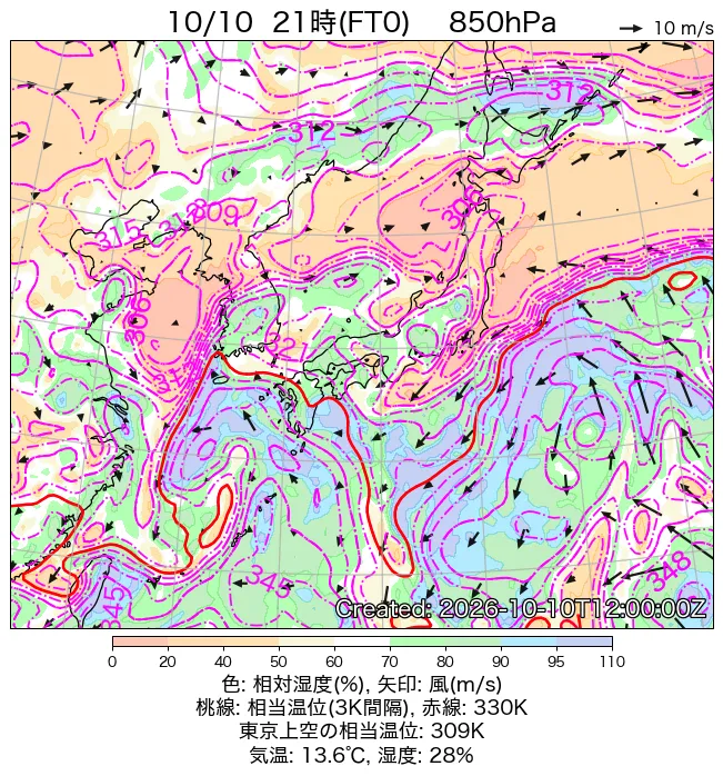 2026年10月10日の日本周辺の850hPa天気図（21時）