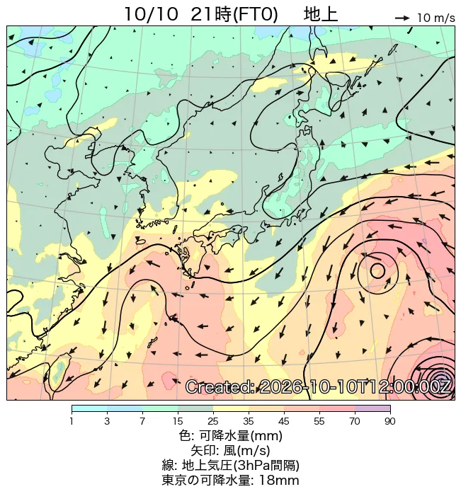 2026年10月10日の日本周辺の地上天気図（21時）