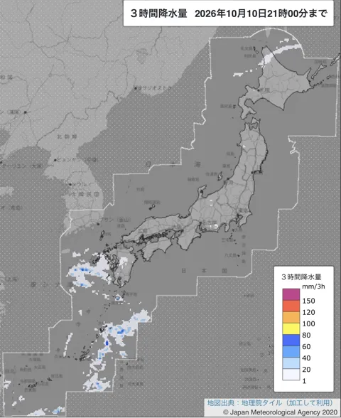 2026年10月10日18〜21時の日本周辺の3時間解析降水量