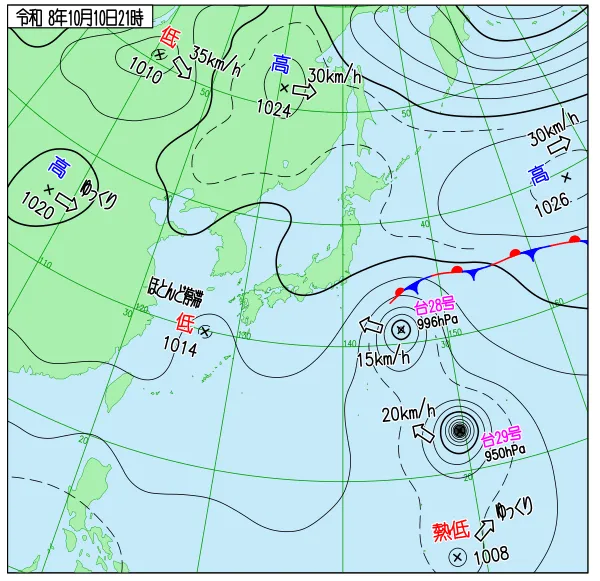 2026年10月10日21時の速報天気図