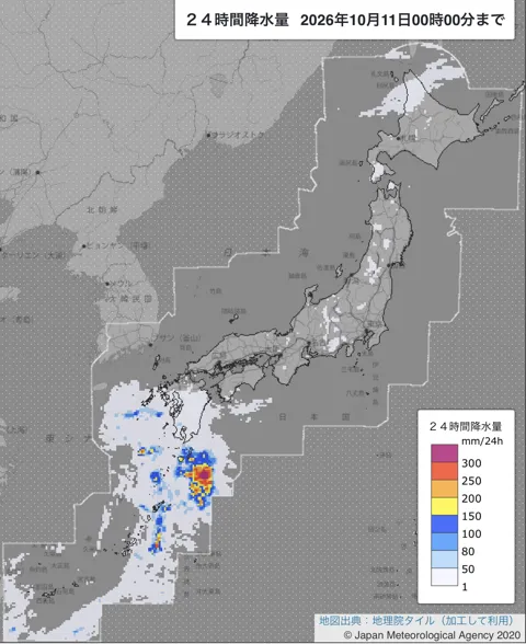 2026年10月10日の日本周辺の日解析雨量の図