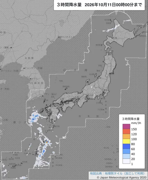 2026年10月10日21〜24時の日本周辺の3時間解析降水量