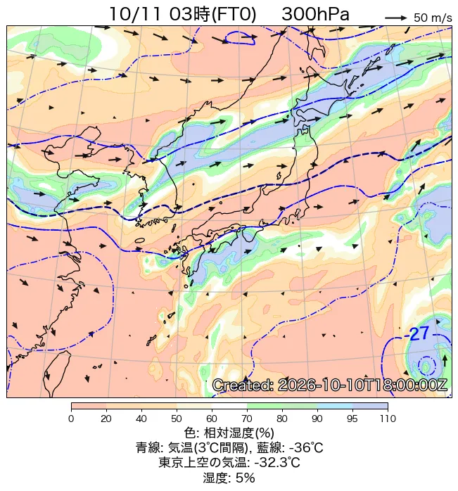 2026年10月11日の日本周辺の300hPa天気図（3時）