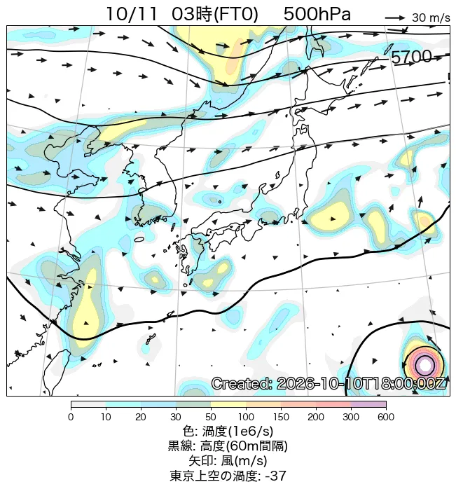 2026年10月11日の日本周辺の500hPa天気図（3時）