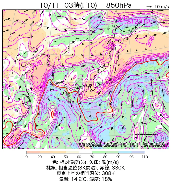 2026年10月11日の日本周辺の850hPa天気図（3時）
