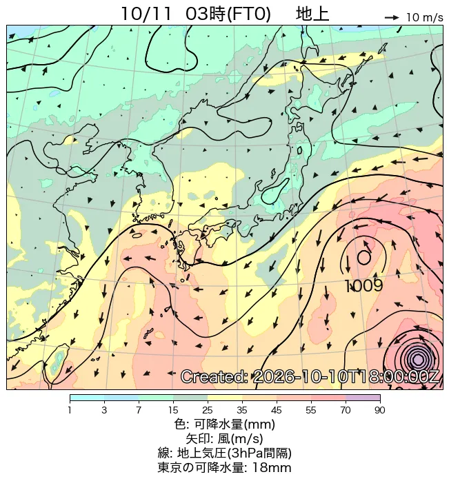 2026年10月11日の日本周辺の地上天気図（3時）