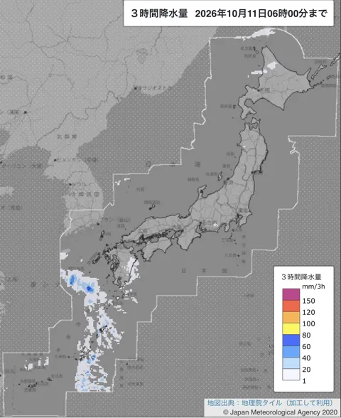 2026年10月11日3〜6時の日本周辺の3時間解析降水量