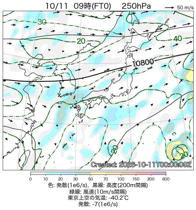 2026年10月11日の日本周辺の250hPa天気図（9時）