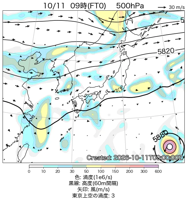 2026年10月11日の日本周辺の500hPa天気図（9時）