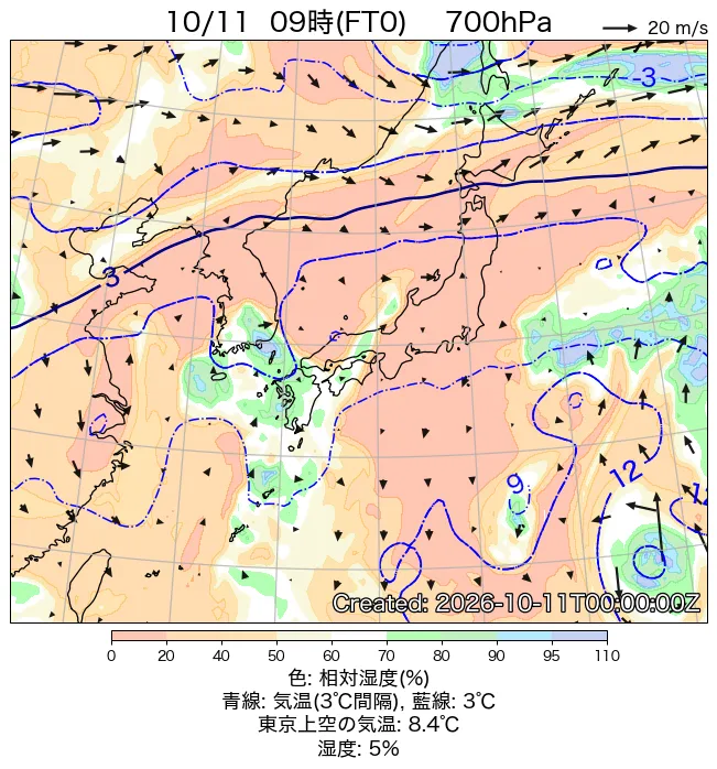2026年10月11日の日本周辺の700hPa天気図（9時）