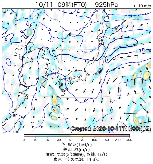 2026年10月11日の日本周辺の925hPa天気図（9時）
