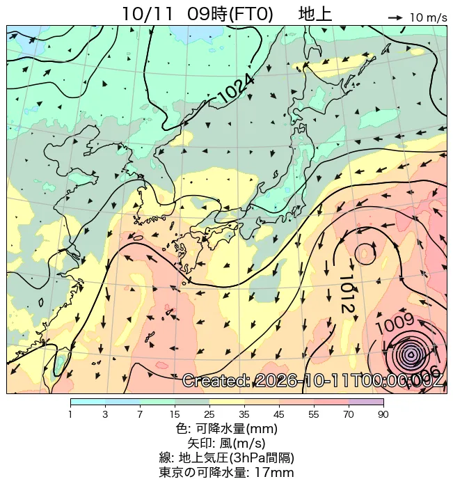 2026年10月11日の日本周辺の地上天気図（9時）