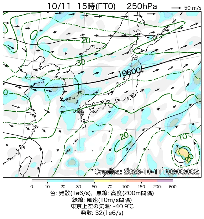 2026年10月11日の日本周辺の250hPa天気図（15時）
