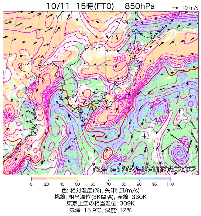 2026年10月11日の日本周辺の850hPa天気図（15時）
