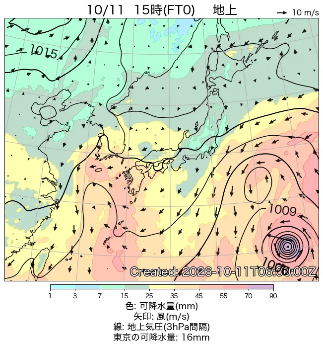 2026年10月11日の日本周辺の地上天気図（15時）