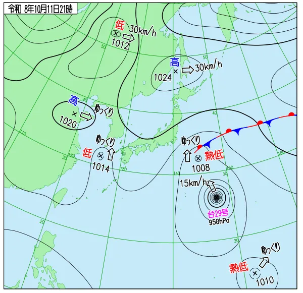 2026年10月11日21時の速報天気図