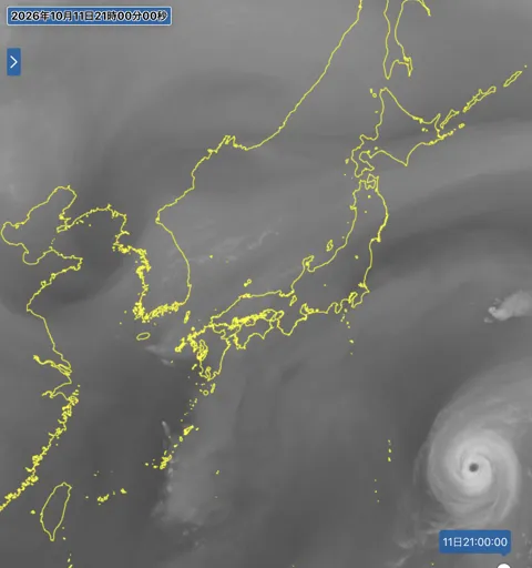 2026年10月11日21時の日本周辺の衛星水蒸気画像