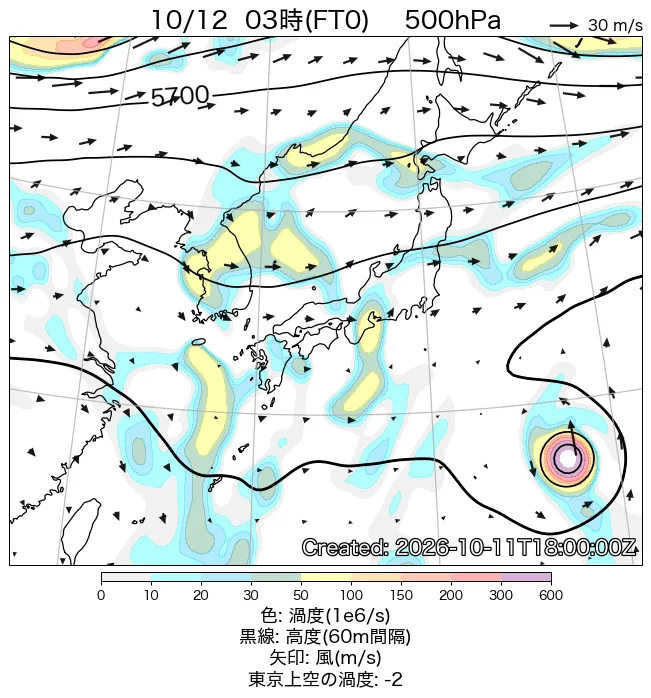 2026年10月12日の日本周辺の500hPa天気図（3時）