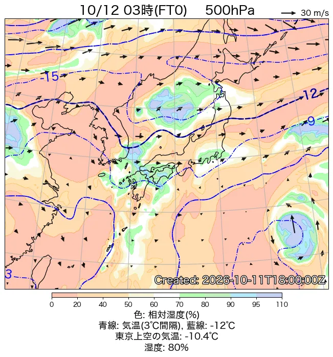 2026年10月12日の日本周辺の500hPa天気図（3時）