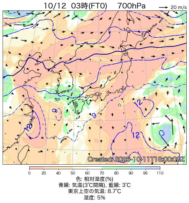 2026年10月12日の日本周辺の700hPa天気図（3時）