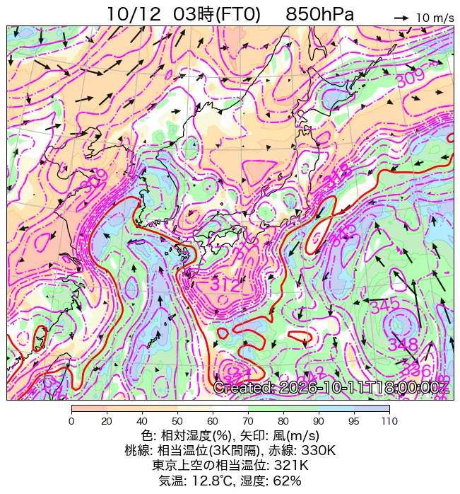 2026年10月12日の日本周辺の850hPa天気図（3時）