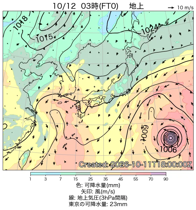 2026年10月12日の日本周辺の地上天気図（3時）