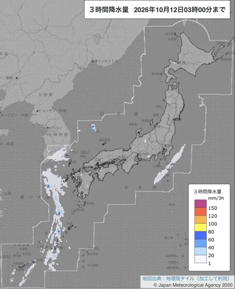 2026年10月12日0〜3時の日本周辺の3時間解析降水量